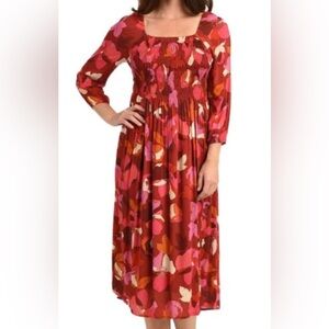 DR2 by Daniel Rainn Vibrant Red Floral Print Smocked Bohemian Midi Dress M